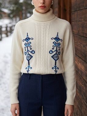 K.P Cream Turtleneck Sweater with Blue Embroidered Motif Medium